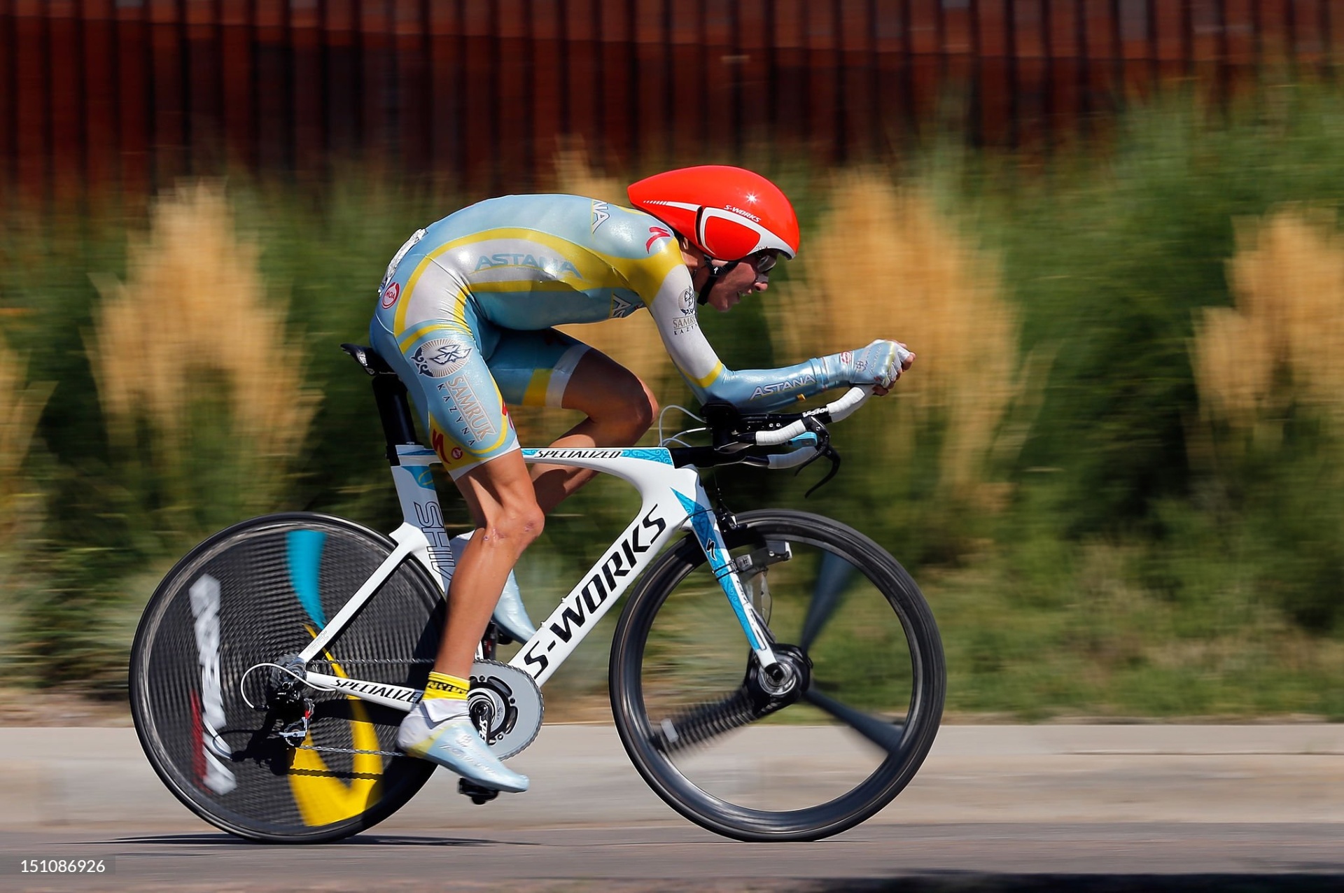 Jani Brajkovič racing a professional time trial in Astana team kit